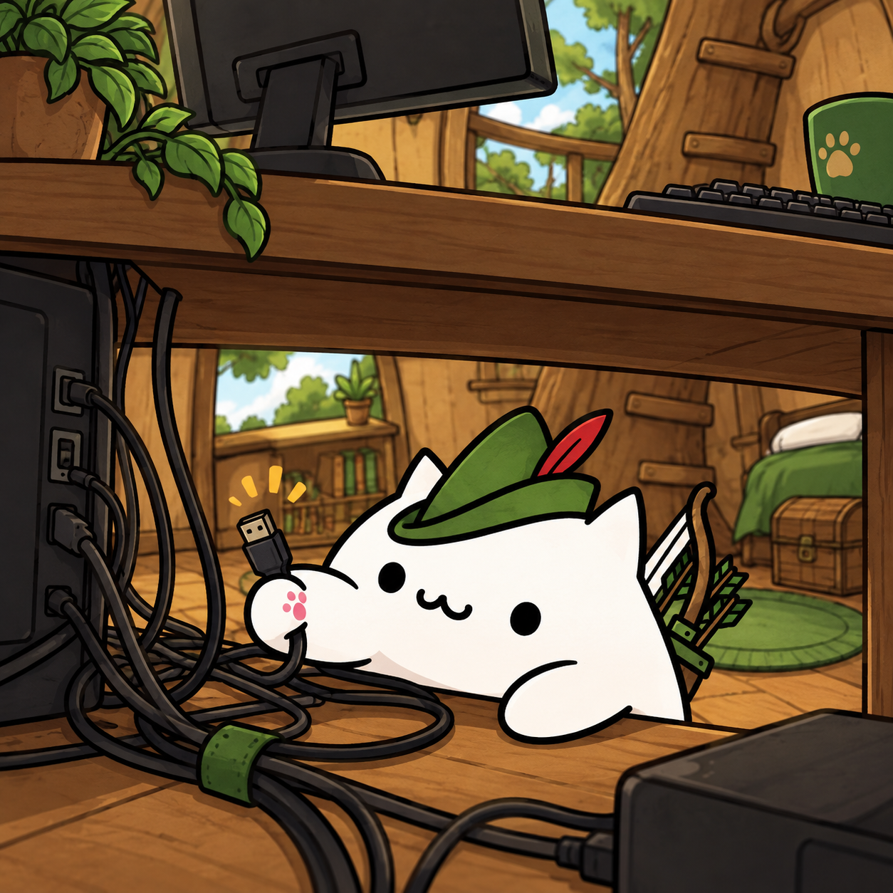DevCat investigating a tangle of computer cables
